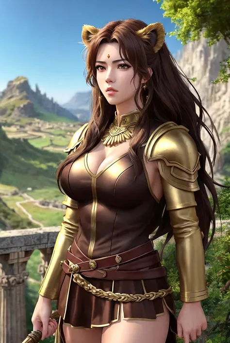 4K anime style quality, digital drawing mode, Greek mythology-themed anime female character, strong muscular build with long dark brown hair, piercing green eyes, wearing a bronze chestplate, a lion’s walking beside, Blur the background to create a three-d...