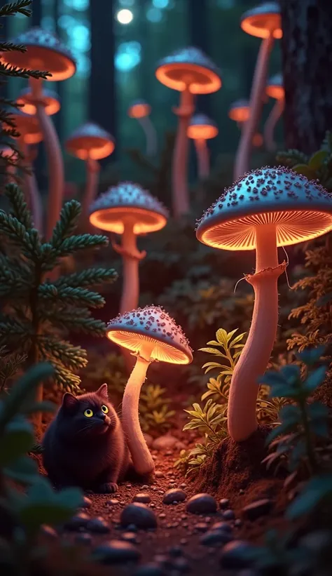 digital giant image of fly agaric mushrooms ,fantasy, the forest,  dynamic lighting :1.1,  complicated detail , HD, 8 k,  glowing neon panel of a lilac-pink-purple fly agaric , испускающих дым в волшебном ночном the forestу, twilight ,Night ,stars , glow, ...