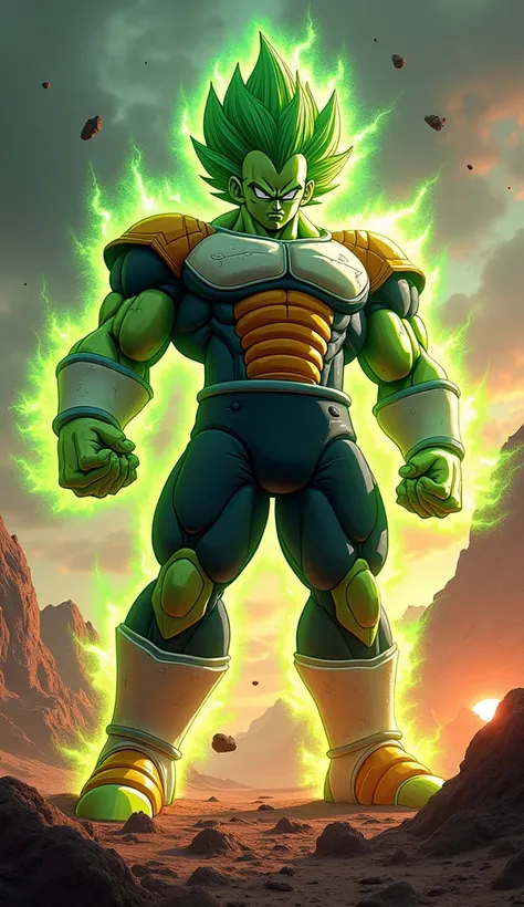  Imagine a hyperrealistic animation that presents a powerful fusion between Hulk and Vegeta from Dragon Ball Z,  giving life to a being called  "Gamma Prince ".  This colossus combines the unwavering brute force of Hulk with pride ,  strategy and precision...