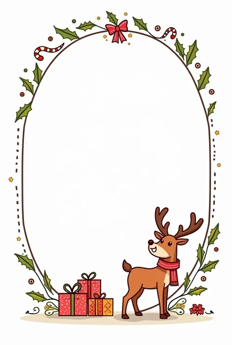 "A festive Christmas-themed placeholder designed to be colorful, featuring a whimsical border of holly leaves, candy canes, and small stars. In the center, an empty oval frame for writing names, surrounded by a cheerful reindeer wearing a scarf on one side...