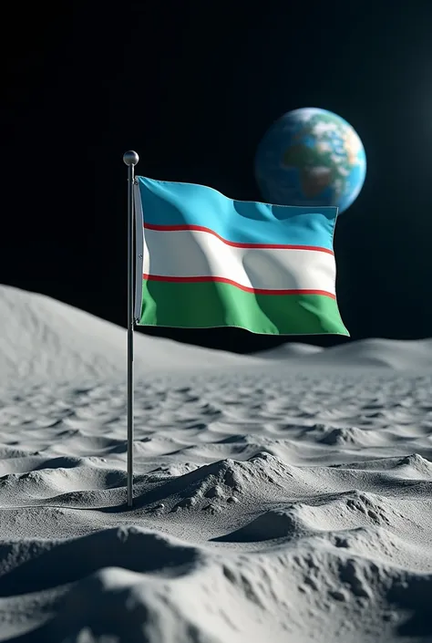 A futuristic depiction of Uzbekistans flag on the moons surface, with a detailed lunar background and a view of Earth."