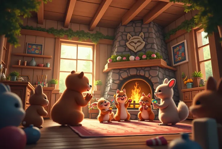 an animal party in a wooden house. ultra realistic and detailed image