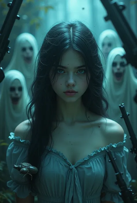 hyper realistic, beautiful girl surrounded by ghosts, guns, hylotrupes, and extra things, night, mystical glow, hyper-detailed, high definition, professional photo, high resolution, depth of field