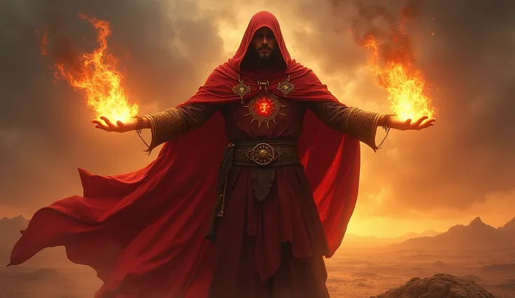 man in red cape shooting fire from his hands