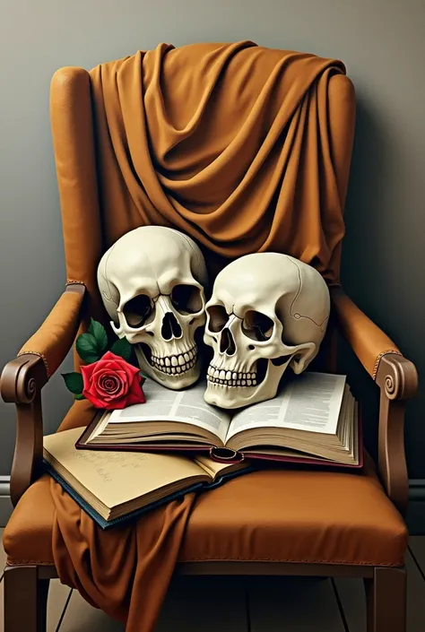 Cubism oil painting of a opened book , a skull and a rose infront of book on the chair , chair should be covered with orange brownish yellow curtain in daylight, book should be on behind of the skull and rose
