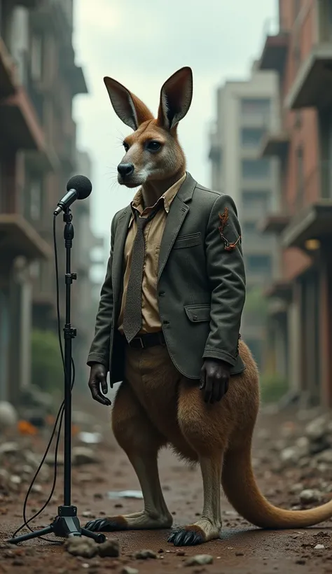 strong kangaroo wearing a torn suit is standing confidently while speaking into a microphone. The background is a dystopian landscape, featuring crumbling buildings and a dark, overcast sky. The kangaroos expression is determined and professional, contrast...