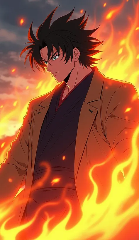 Make an image of the character "rengoku", do anime demon slayer, in a pose of reflection and with flames around you ,  all of this in the format of a Ghibli hand-drawn anime