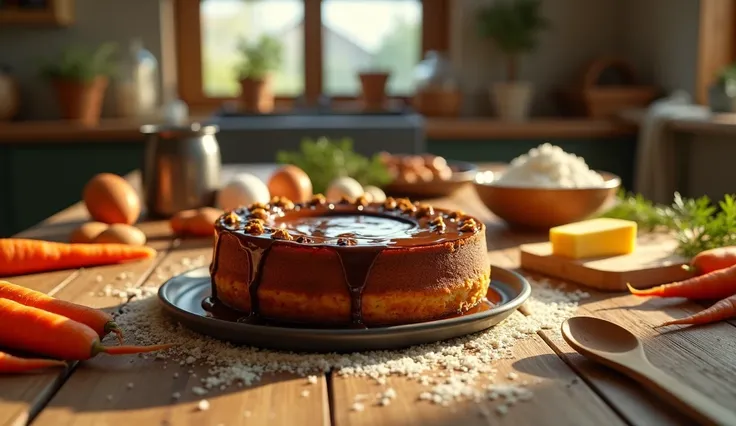 Create an ultra-realistic cinematic scene, in 16:9 format, with a warm and detailed atmosphere, inspired by the recipe for Carrot Cake with Cornmeal. The image should capture the feeling of a home kitchen, with a rustic wooden table in the center. Around t...