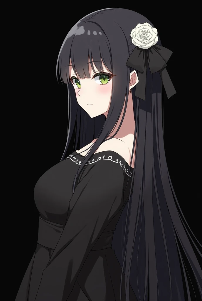 ((masterpiece, best quality)),best aesthetic,1girl, solo, long hair, black dress, flower, ribbon, black background, black hair, rose, hair ribbon, green eyes, long sleeves, white rose, closed mouth, black ribbon, upper body, cinematic lighting,naked