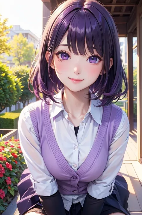 ( best quality, high definition ,8k,inelity detailed background, masterpieces:1.2), pretty girl,( glossy purple hair:1.3),(long hair:1.2) ,short hair, bob cut, Beautiful purple eyes,autumn,school uniform,Cardigan,skirt,black tights,(zettairyoiki:1.2),Gentl...