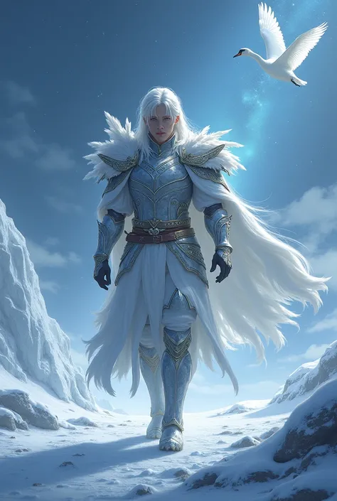  Hyoga wearing swan armor walking on a glacier, with icy winds ,  and a swan in the background with the universe in the background 
