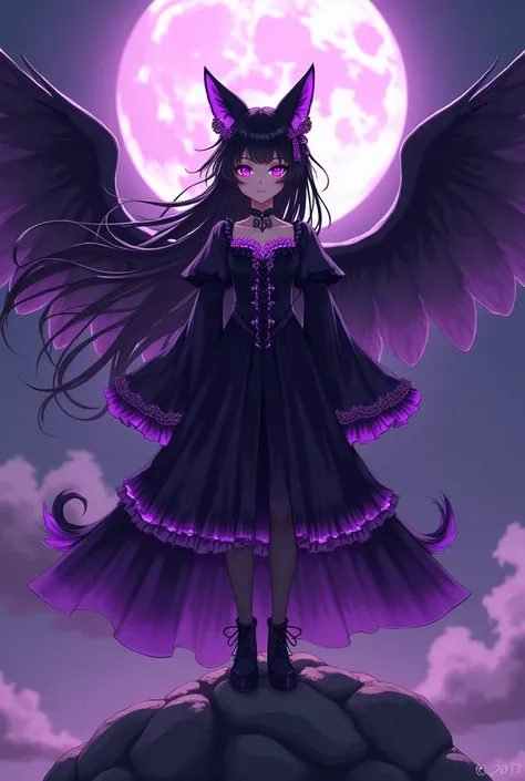  Create an anime style picture of a girl ,She has black hair with wolf ears and bright purple eyes . on the right half of her face she is wearing half a black-purple kitsune mask and purple ribbons.She is wearing an astral dress like in the anime Date a Li...