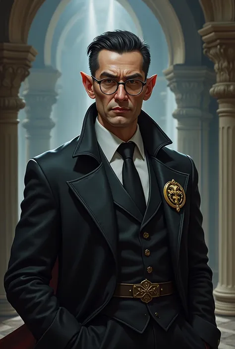 1 male, halfling, cleric of asmodeus, lawyer, glasses, slicked back hair, dark hair, holy symbol pin on lapel, fantasy 