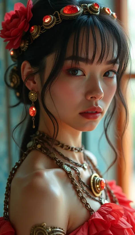  photo taken in high quality in a cinimotographic style. The photo shows a cyberpunk woman.  She wears unique jewelry and accessories ,  resembling mechanical devices ,  including gears and wires .  Her body shows red , Art Deco style ,  crystals that add ...