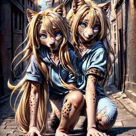 (detailed eyes:1.3), Beautiful Lighting,  (1girl:blue  eyes, blonde hair, absurdly long hair, hair intakes, (hair between eyes:1.1)),  photo realistic,
(outdoors, alley:1.3), (hoodie:1.3), black choker, short sleeves, dynamic angle, (bottomless:1.2),
 anth...