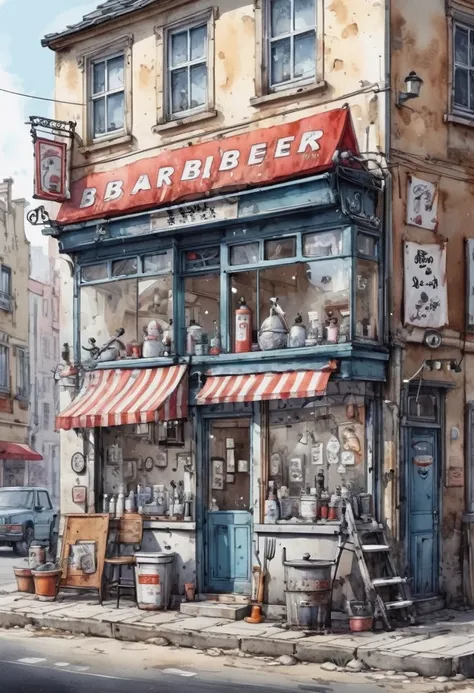 Funny cute, tinny cute barber shop, ink and wash, front view, (Best quality, perfect masterpiece, Representative work, official art, professional, High detail, Very complex detailed:1.3)