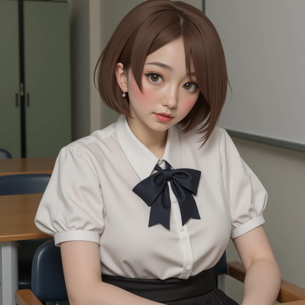 solo girl,  short-hair, looking at viewer, brown hair, shirt, bow, brown eyes, sitting, white shirt, short sleeves, skirt, indoors, bowtie, lips, black bow, chair, table, black bowtie, realistic, classroom ,high_resolution , 8k