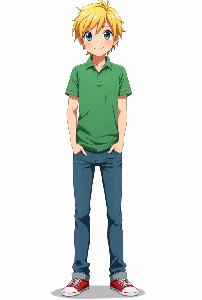 anime  Slim, short blond hair, blue eyes. Wears a green polo shirt, jeans and casual shoes full-length portrait, with a white background