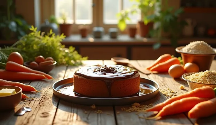 Create an ultra-realistic cinematic scene, in 16:9 format, with a warm and detailed atmosphere, inspired by the recipe for Carrot Cake with Cornmeal. The image should capture the feeling of a home kitchen, with a rustic wooden table in the center. Around t...