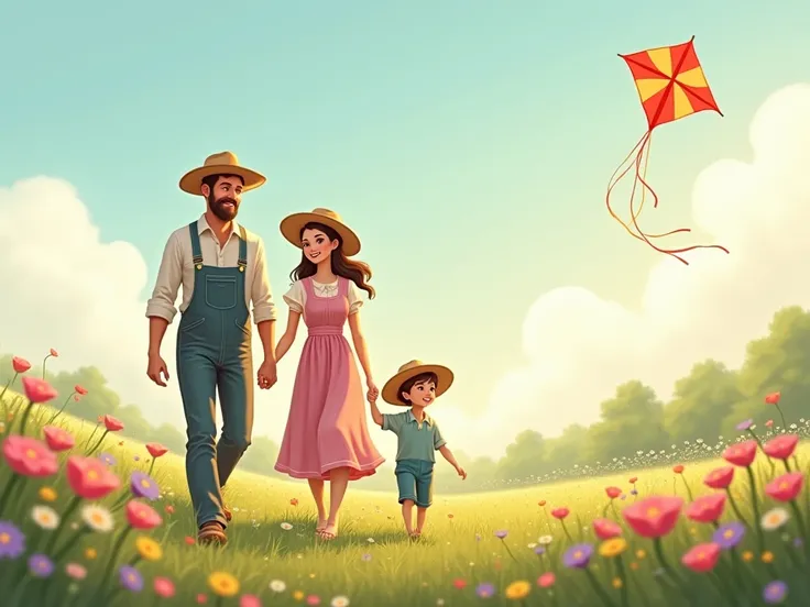 A happy family scene with the farmer, his wife, and a small  wearing a straw hat. They are holding hands and walking through a flower-filled meadow, with a colorful kite flying high in the sky.