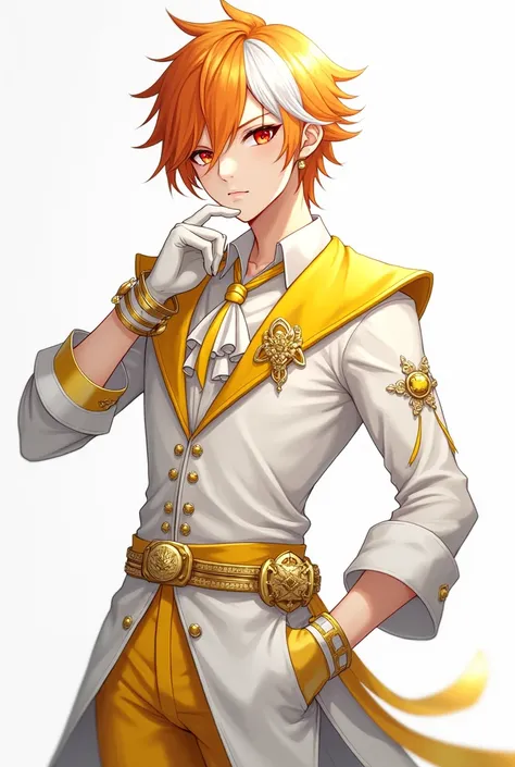 A quiet anime young man with sharp red eyes represents a mixture of orange and white hair.  , He has fair skin and wears all the beautiful and luxurious clothes that are a mixture of white and yellow, such as the clothes of the nobles represented by Gilya,...