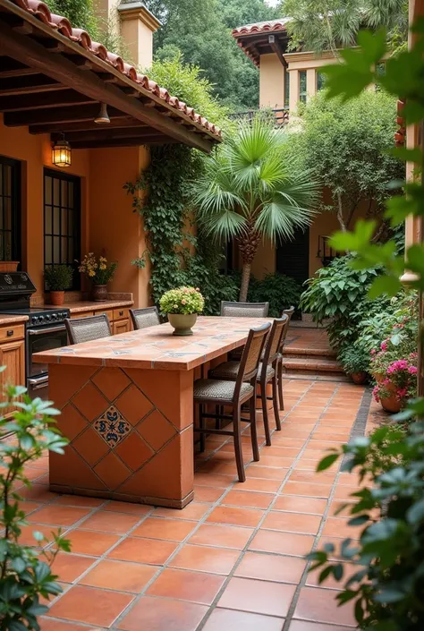 Create an outdoor dining area with a clay tile countertop