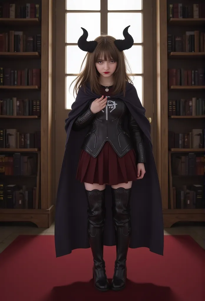 black horn, armor, library, red eyes, horn, cape, skirt, long boots, brown hair, window, mad, frown