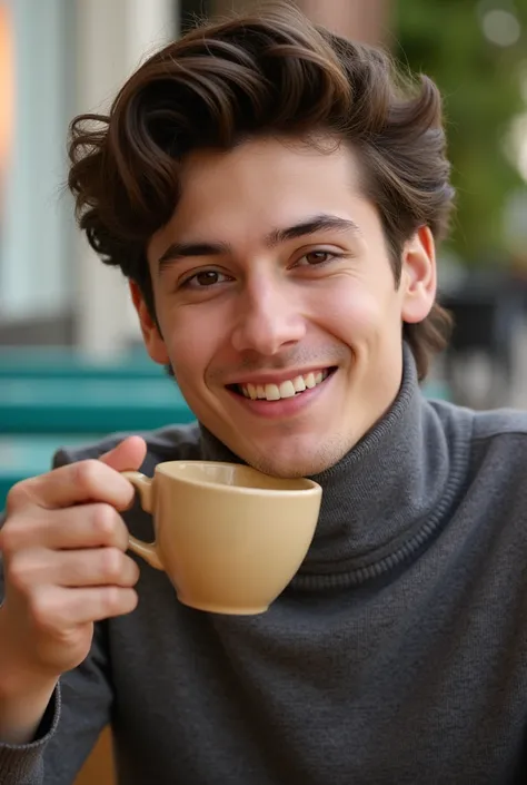   A man with a youthful and attractive appearance  .   His hair is dark brown  ,   with a casual and slightly wavy style  .   He has a confident and relaxed expression  ,  While drinking coffee.  Hes wearing a turtleneck sweater , what gives him a fresh an...