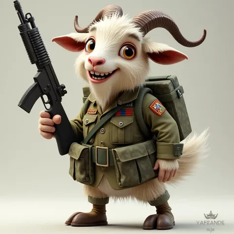 A goat with a big smile ,  wearing a military outfit with a gun and a text s 2 R 
