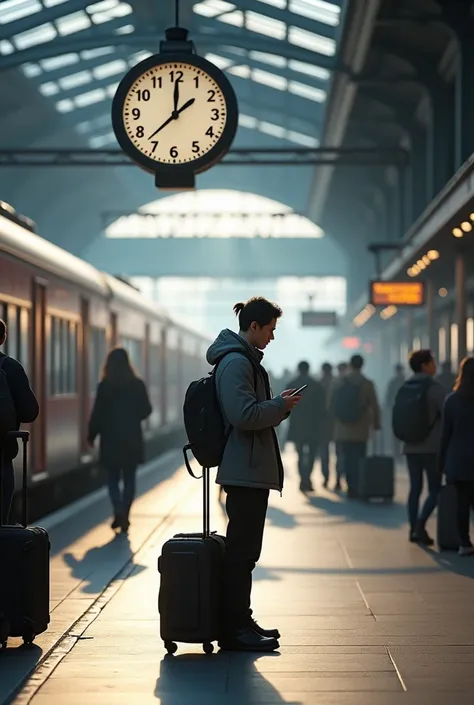 Here’s an English prompt for a realistic AI video generator:

"A young man in his early 20s wearing a gray jacket is standing at a bustling train station. The background features a stationary train at the platform, with passengers walking around carrying l...