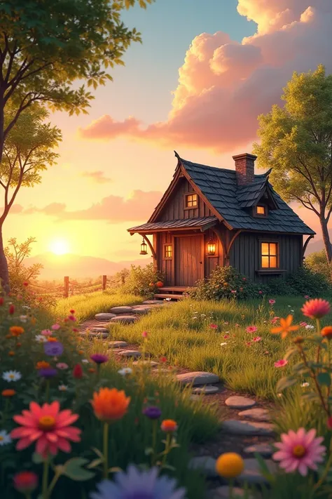 A serene meadow filled with vibrant flowers, a tiny cottage in the middle with a lantern hanging outside, and a romantic sunset illuminating the scene.