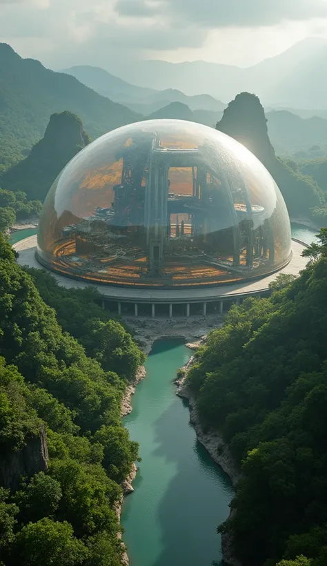 "A futuristic city encapsulated by a colossal, translucent dome, captured primarily through breathtaking aerial shots. From above, the camera reveals the stark contrast between the two worlds: inside the dome, the city simmers under intense heat, with its ...