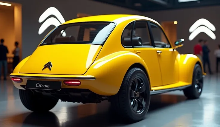 Realistic of futuristic 2025 Citroen 2cv with modification good looking yellow colour back sided angle parked in showroom 100% real images high with resolution logo on car light on car show name on background and give me excellent results 