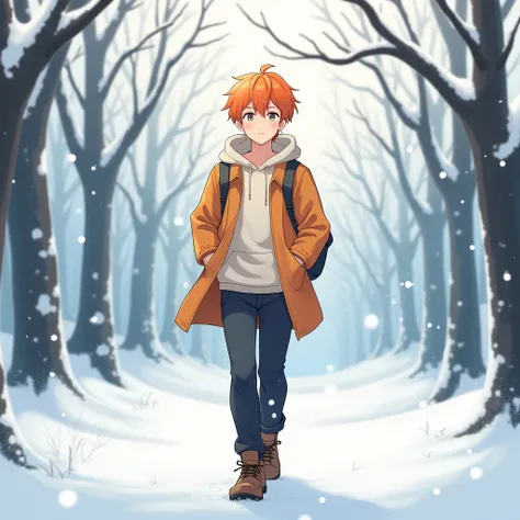 anime orange-haired man walking sweetly through the snow in winter