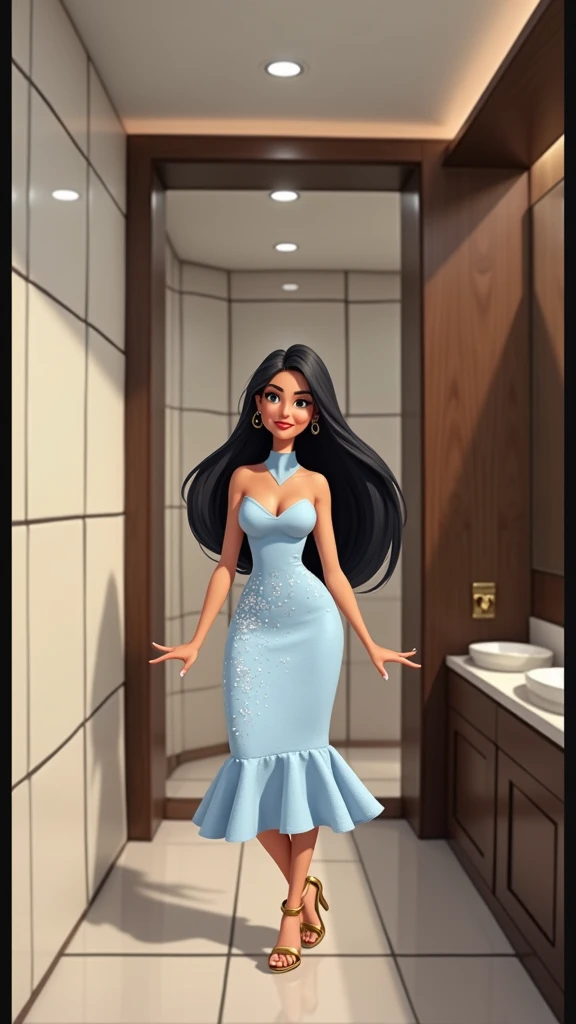 Woman 30 years, long black straight hair, wearing shoulder sleeves baby blue short  turtleneck sequined dress with gold strap high heels sandals. 
Posing At hotel bathroom. 

Disney Pixar animation character 