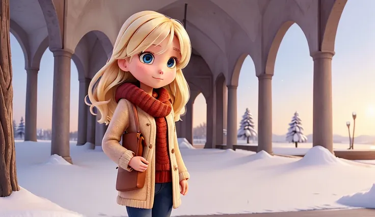  draw a beautiful blonde girl in winter clothes pretending, something is holding in your hands 