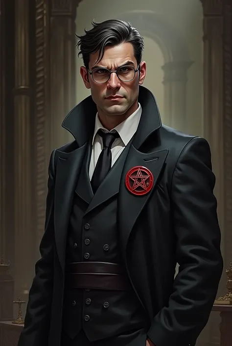 1 male, halfling, cleric of asmodeus, lawyer, glasses, slicked back hair, dark hair, holy symbol of a red pentagram pin on lapel, fantasy 