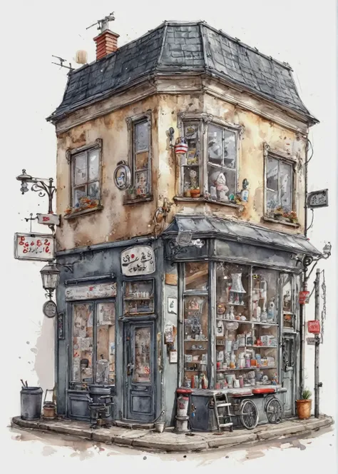 Funny cute, tinny cute barber shop, ink and wash, front view, (Best quality, perfect masterpiece, Representative work, official art, professional, High detail, Very complex detailed:1.3)