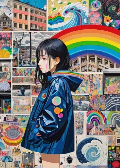 (masterpiece,  best quality),
Woodcut collage ,Teenage Girls,Side View, She is surrounded by symbols of rainbows and raindrops, detailed face , school uniform,street,Raincoat,Typhoons and Cyclones and Hurricanes , colorful , Collage Art,  Contemporary Arti...