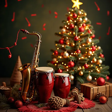 congas,  tambora , Güira ,  saxophone , trumpet,  Christmas tree adorned with musical notes 