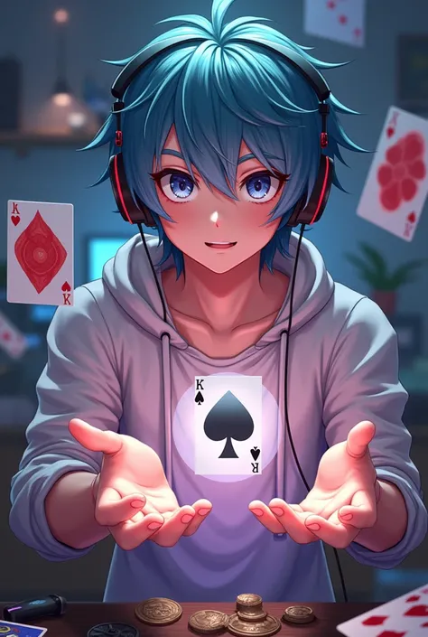 1 male anime gamer wearing headphones holding magic tricks