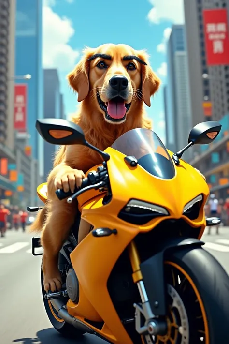 create a yellow dog with big black eyebrows riding a sports bike