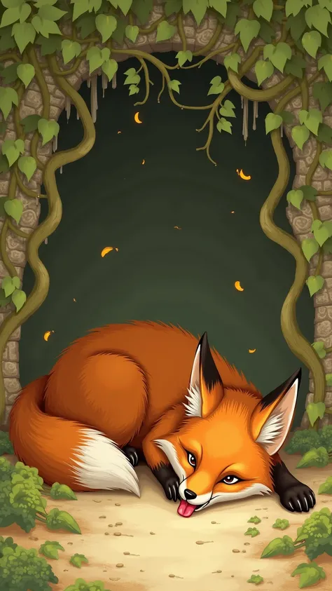 "Fox lying on the ground under the vine, panting with a defeated expression; classic fable style with warm colors."