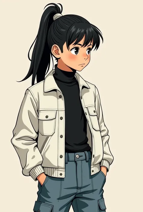 Raise a young boy,  he has a thin but full beard ,  a white jacket over a black turtleneck shirt,  he has long hair tied in a samurai-style cut , But not so long ,  medium sized hair ,  wears cargo jeans ,  black hair,  use beautiful and realistic lighting...