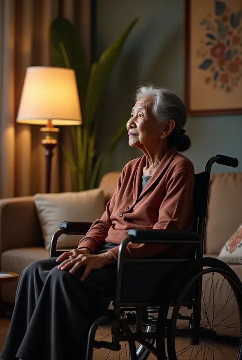 An image of an elderly Malay woman on a wheelchair in the living room, watching tv