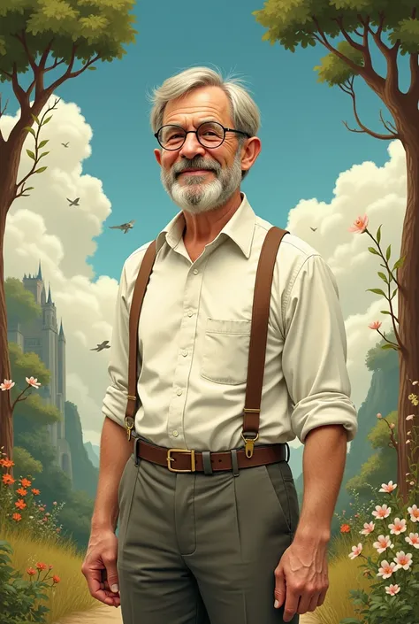 generate a standing middle aged man from the 1980s, wearing suspenders and glasses in the style of a fairytale drawing full body 