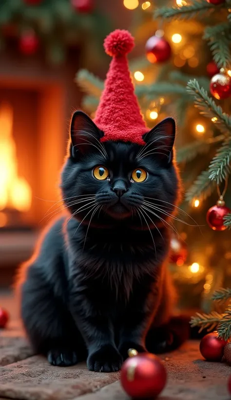  fluffy black cat realistic  , HD, 8k, with yellow eyes ,  clearly detailed hair of the mustache and eye , on the cats head, the red New Years hat ,  is as realistic as possible,  sits all wrapped in a glowing colored garland with bright colorful lights , ...