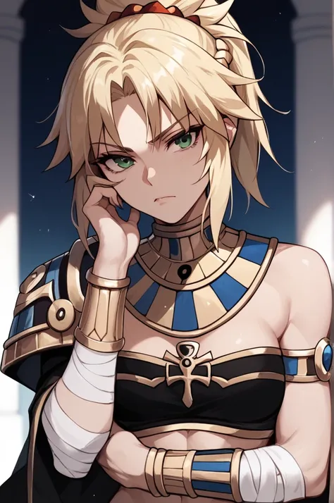 Mordred fate,Black and gold Egyptian style outfit, black bandages on the arm,Serious face,Black clothes 
