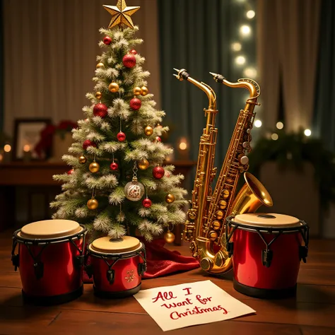 congas,  tambora ,  saxophone , trumpet,  Christmas tree adorned with musical notes, a note on the floor that says  "All I Want for Christmas "