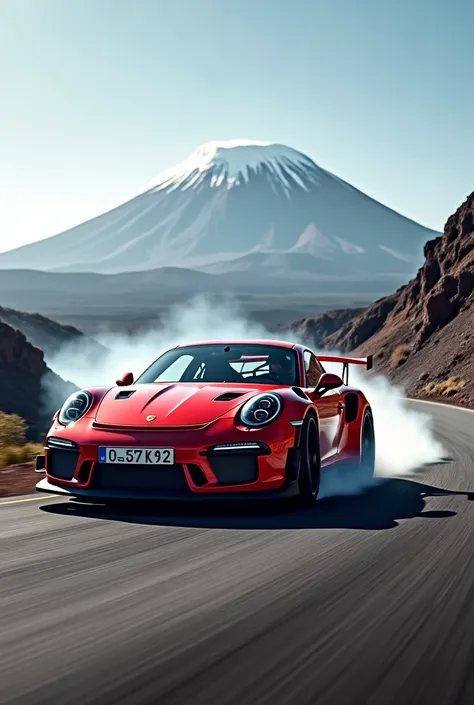 Porsche 911Gt3 RS drifting on an asphalt road with the Teide behind